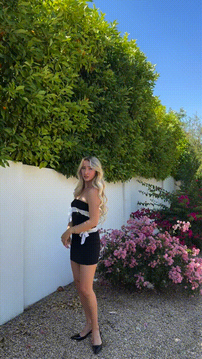 going out white bows black mini dress